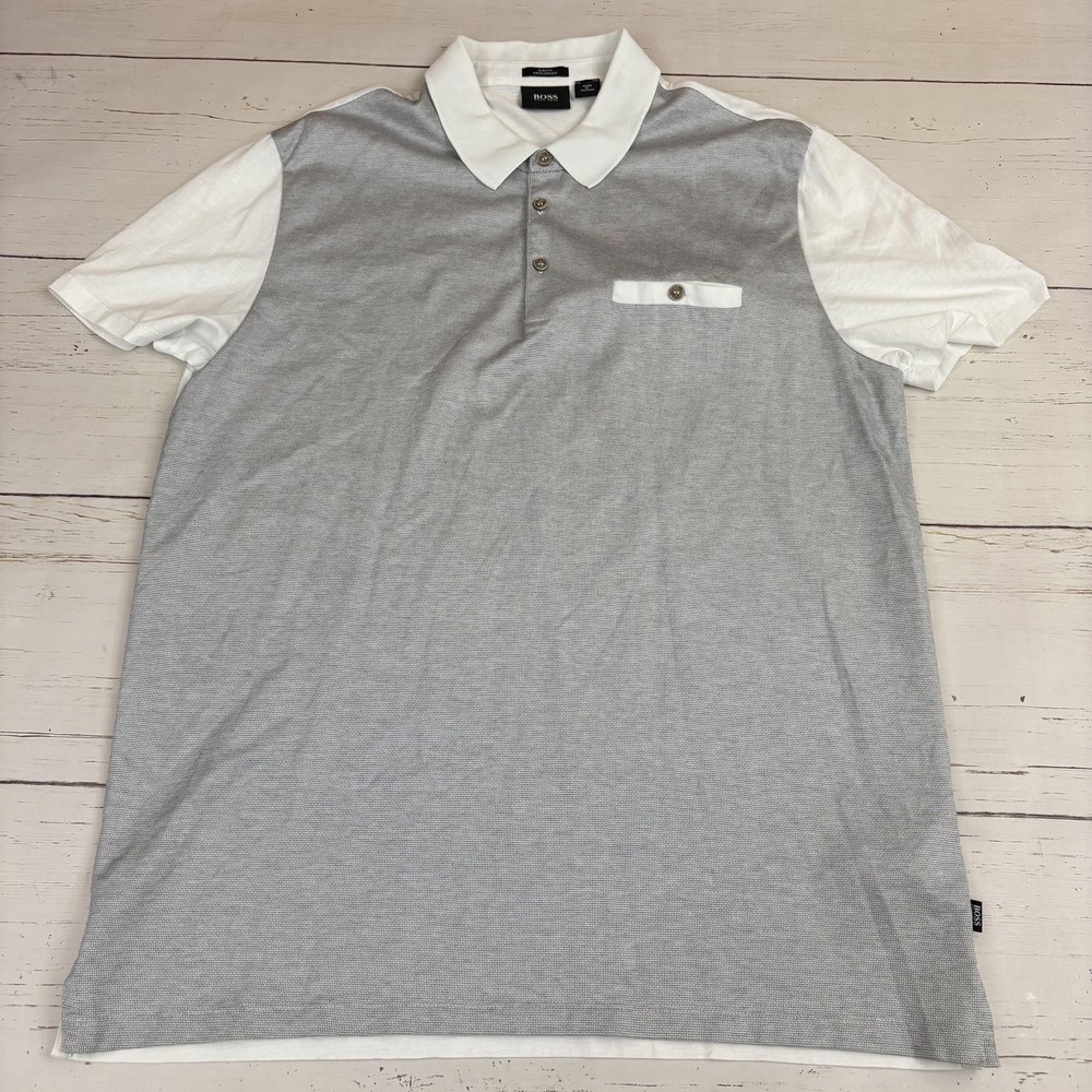 Boss Hugo Boss Slim Fit Polo Shirt Mens 2XL Gray White Geometric Mercerised